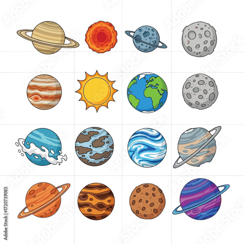 Vector illustration of a colorful collection of planets and the sun, representing our solar system