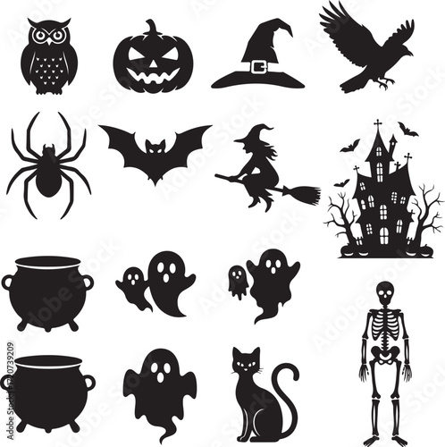 Spooky silhouettes for Halloween: A spooky assortment of Halloween-themed silhouettes evokes the eerie atmosphere of the season. A perfect selection of eerie icons.