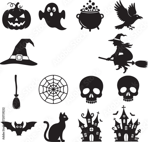 Spooky Silhouettes: A collection of iconic Halloween silhouettes, capturing the essence of the holiday with festive pumpkins, eerie ghosts, and spellbinding witches.