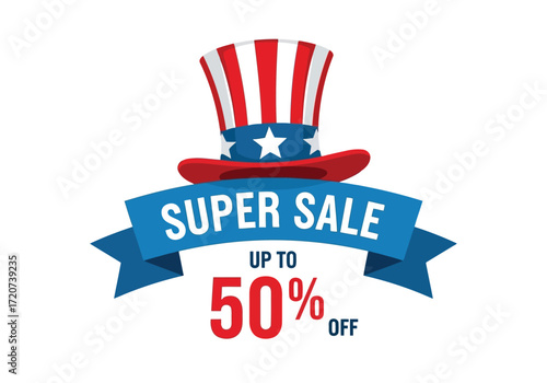 Vector illustration of super sale up to 50 off with uncle sam hat and ribbon