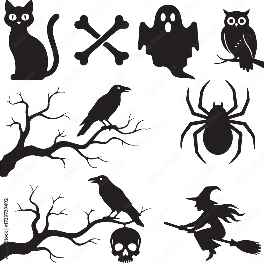 Fototapeta premium Halloween Silhouettes: A collection of whimsical and spooky Halloween silhouettes in an assortment of shapes and icons designed to invoke the fun of All Hallows' Eve.
