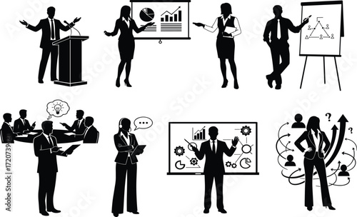 Business presentation silhouette set, black, professionals with charts, tablets, speech bubbles, vector, isolated strategy and teamwork posture bundle