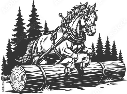Logging horse jumping a log vintage vector illustration