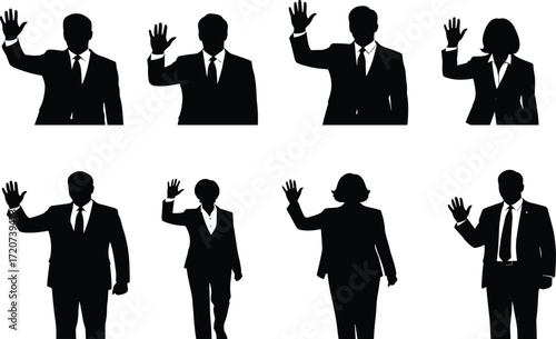 Business professional silhouette set, black, raised hand, waving, oath gesture, suit attire, vector corporate posture illustration bundle