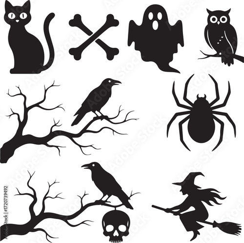 Halloween Silhouettes: A collection of whimsical and spooky Halloween silhouettes in an assortment of shapes and icons designed to invoke the fun of All Hallows' Eve.