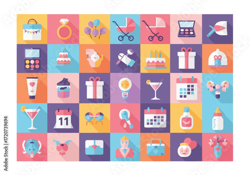Vector illustration of a collection of flat design icons related to celebrations, babies, and gifts, presented on a colorful checkered background