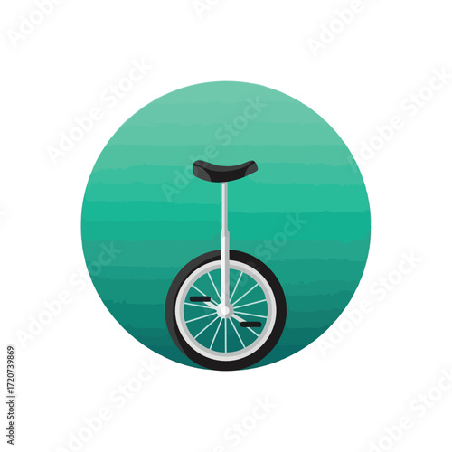 Vector illustration of a single unicycle with a black seat and wheel, set against a vibrant green circular background with horizontal lines