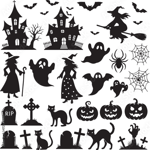 Halloween Silhouettes: A collection of eerie silhouettes captures the essence of Halloween, featuring haunted houses, ghostly apparitions, and the iconic imagery of witches, bats.