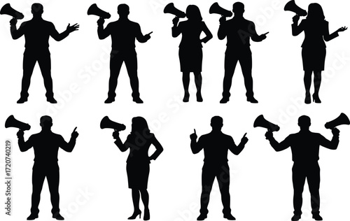 Megaphone silhouette set, black, diverse individuals speaking, announcing, advocating, vector, isolated public communication and leadership posture bundle