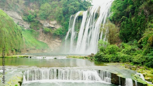 A stunning wide shot of a majestic waterfall cascading into tiered pools. The powerful water is surrounded by a lush, vibrant green tropical forest landscape.