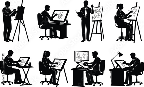 Portrait drawing silhouette set, black and white, easel, tablet, desk, seated, standing, vector artist posture illustration bundle