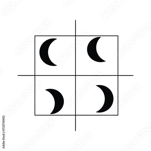 Vector illustration of four black crescent moon symbols arranged in a square grid with intersecting lines