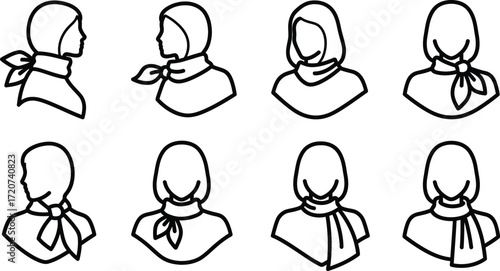 Headscarf and neckerchief tying methods line icons set different ways to tie a scarf