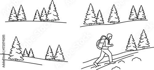 Hand-drawn sketch of a man hiking in the forest