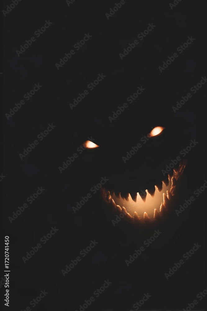 Fototapeta premium Spooky jack o lantern with glowing eyes and jagged teeth in dark night