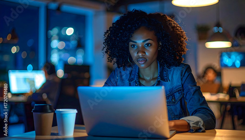 A focused young woman with curly hair working late at night on her laptop in a modern, dimly lit office.