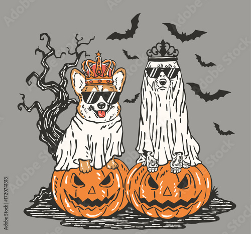 An adorable vintage-style Halloween illustration featuring two dogs wearing ghost robes and crowns. They are sitting on carved pumpkins, with bats flying in a night sky.