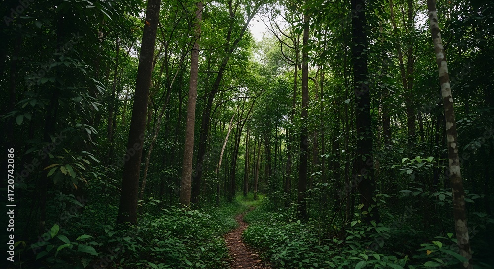 Fototapeta premium Winding forest path leads into lush, vibrant greenery, evoking peace and tranquility in nature