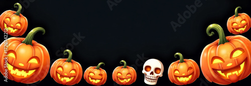 Halloween frame design featuring pumpkins and skull on black background with copy space. Ideal for festive invitations, posters, banners, or holiday ads.