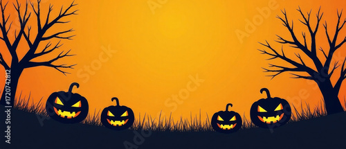 Halloween themed banner with scary pumpkins and trees. Orange background border suitable for invitation cards, posters, and holiday decorations.