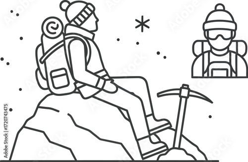 Mountaineer resting on a rock with an ice axe