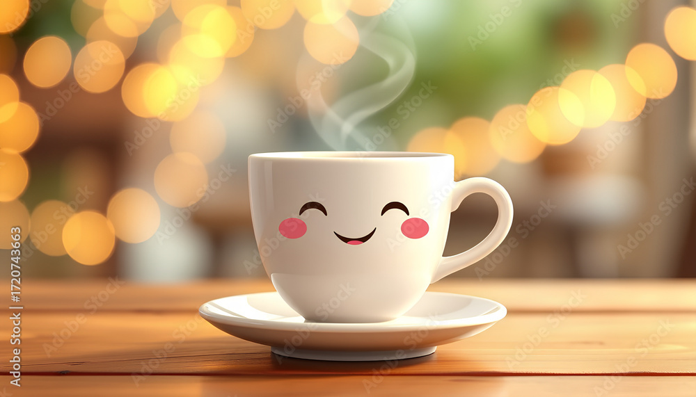 Obraz premium Cute white coffee cup with a smiling cartoon face, sitting on a matching saucer, steam rising playfully from the cup, placed on a wooden table
