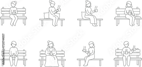 Collection of people sitting on a bench in different poses
