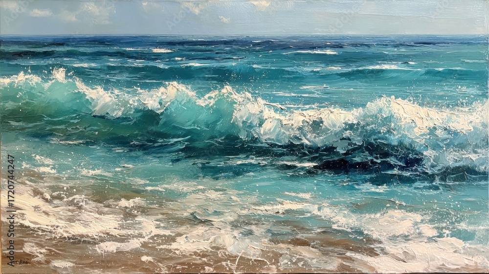 Fototapeta premium Bright sunlight illuminates the ocean waves as they crash onto the sandy beach. The water features vibrant shades of blue and teal creating a refreshing scene on a beautiful day.