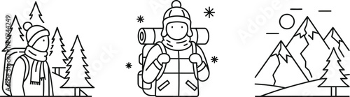 Set of winter travelers with mountain and pine tree
