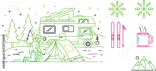 Winter camping scene with camper van, tent, skier, and hot drink