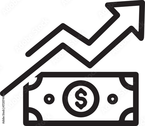 Dollar bill with upward trending arrow representing growth, profits, and financial success, perfect for business and finance marketing materials