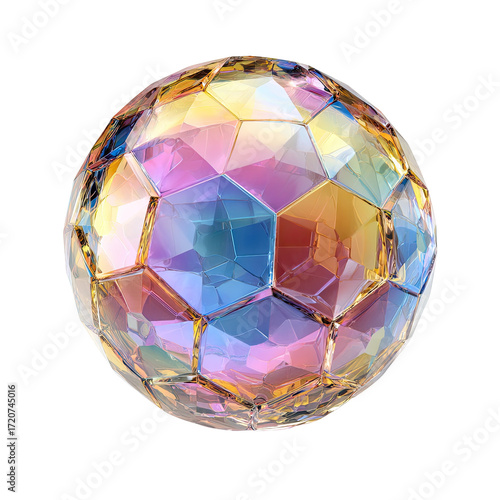 A multifaceted, iridescent sphere, resembling a soccer ball, with vibrant color shifts