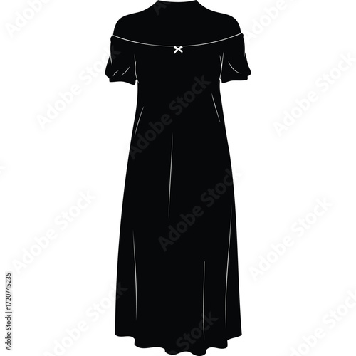 Black midi dress with short sleeves and bow detail puff neckline silhouette fashion clothing apparel illustration