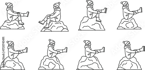 Girl in winter clothes sitting on a rock with a winter activity set
