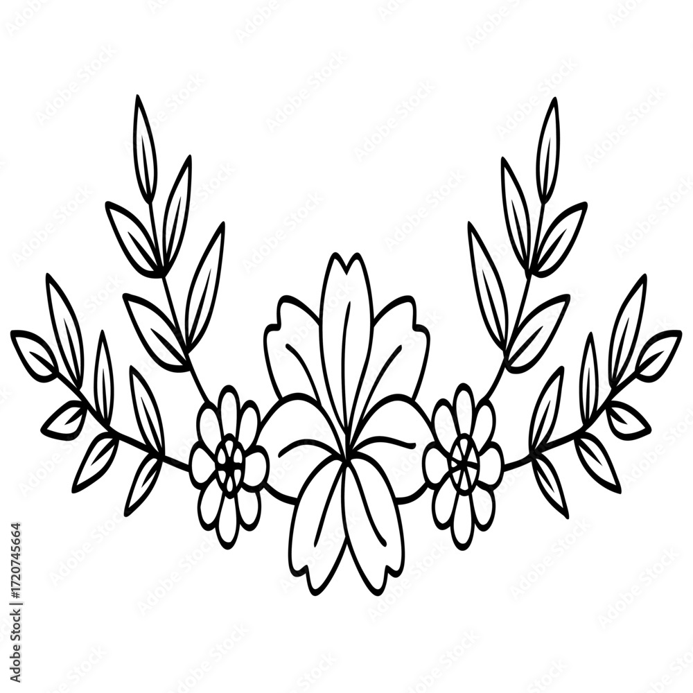 Fototapeta premium Simple floral wreath line art decoration, a hand-drawn vector design element