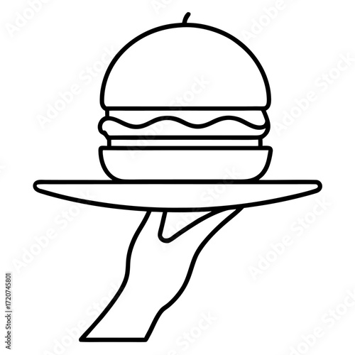 Hand serving a classic hamburger on a platter, line art vector icon