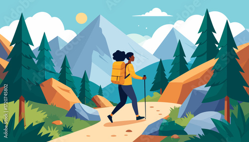 Solo Trek Woman Hiking Through Majestic Mountain Scenery on a Clear Day