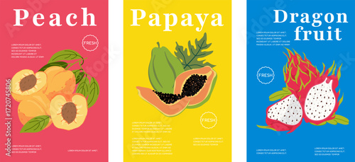 A set of colorful posters featuring fruit peaches, papayas, and dragon fruit against a bright retro background. Hand-drawn trendy vintage background with pitaya, peaches, and papayas for posters
