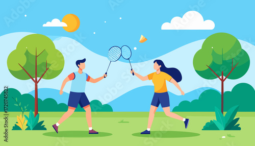 Young couple playing badminton in a sunny park. Vector illustration of active lifestyle and outdoor summer recreation