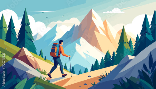 Man with backpack hiking on a mountain trail, embarking on an adventurous journey through a scenic alpine landscape illustration