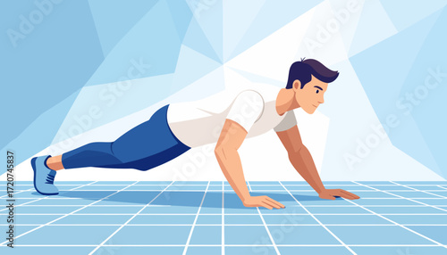 Man in white t-shirt and blue shorts doing push-ups on blue tile floor, fitness training