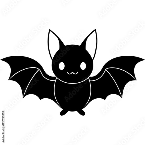 Cute black cartoon bat illustration with wings spread for Halloween