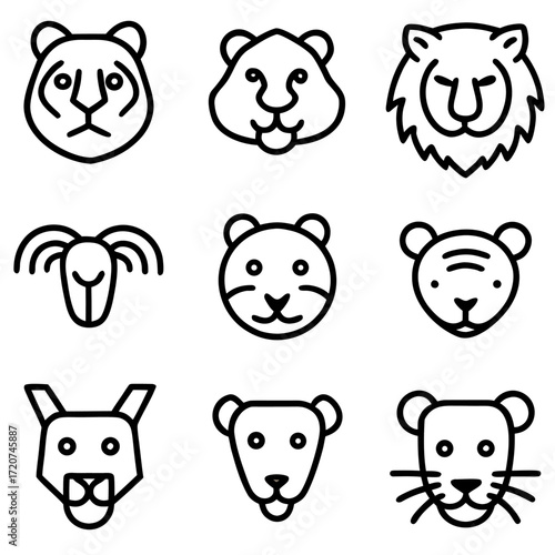 Outline vector icon set of wild animal heads for creative design