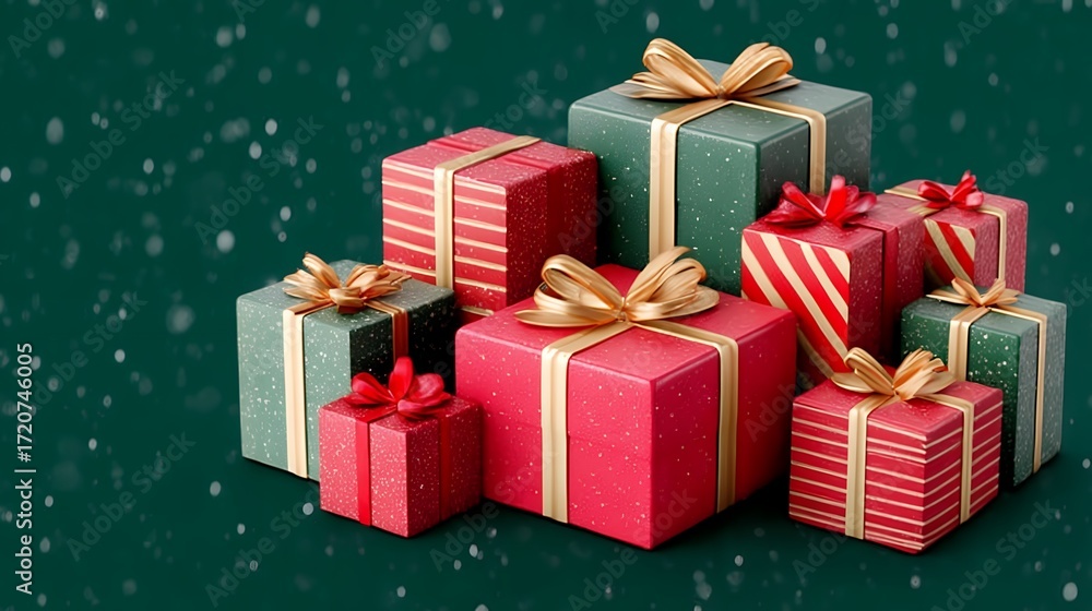 Obraz premium Red And Green Christmas Presents On Dark Green Background