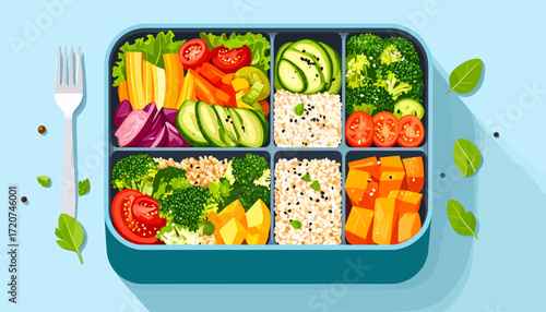 Healthy Bento Box Colorful and Nutritious Lunch with Fresh Vegetables & Rice