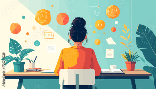 Creative professional immersed in a modern digital workspace, surrounded by abstract geometric shapes and conceptual elements representing innovation, focus, and productivity