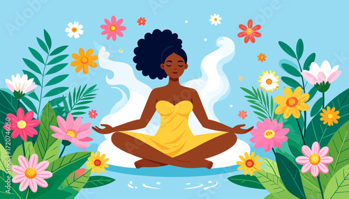 Serene Woman Meditating in a Floral Oasis A Path to Wellness