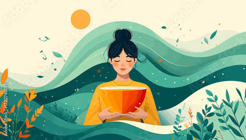 Peaceful woman finding tranquility and inner harmony surrounded by flowing abstract natural landscapes