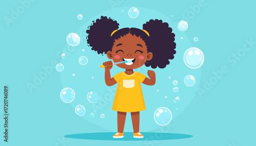 Cheerful African American little girl with afro puffs joyfully brushing her teeth. Concept of children's daily dental care, oral hygiene, and healthy habits