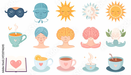 Set of cute illustrations representing self-care, daily routine, and mental wellness concepts for a balanced lifestyle